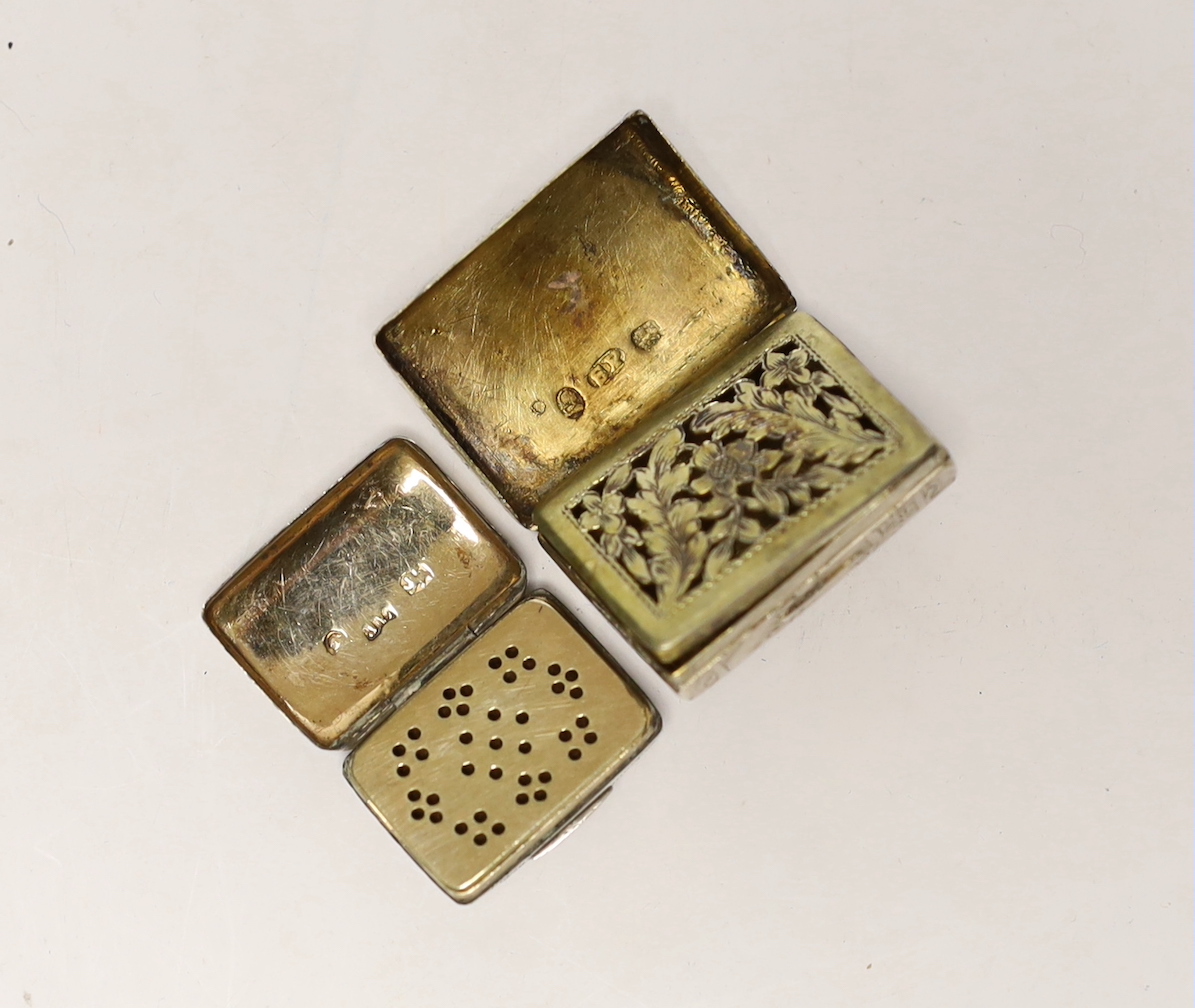 A George III silver vinaigrette, modelled as a satchel, Samuel Pemberton, Birmingham, 1816, 31mm, together with a smaller George III silver vinaigrette.